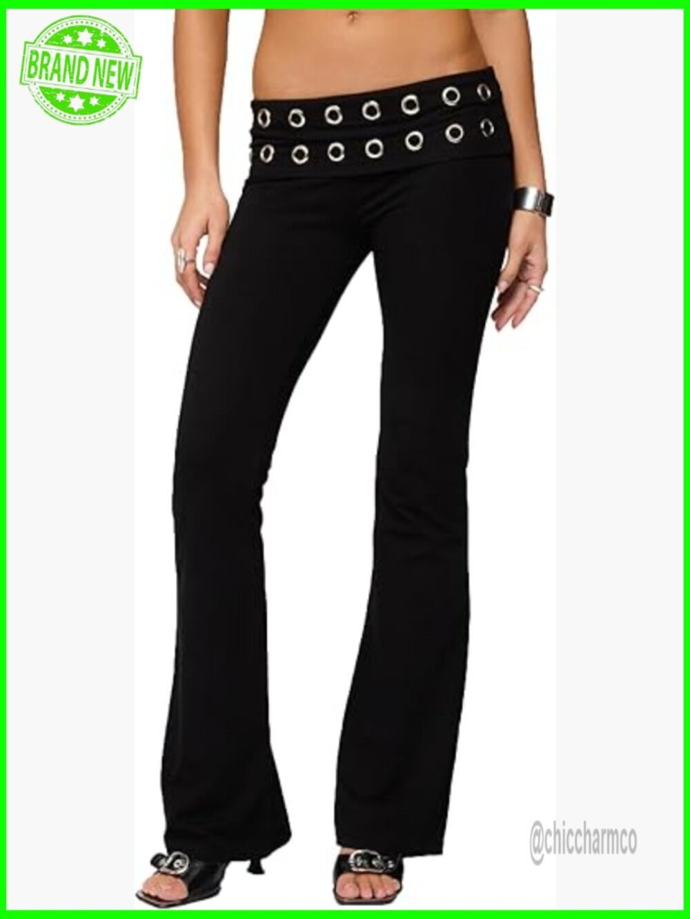 Y2K Fold Over Flared Bell Bottom Pants Low Rise Eyelet Detail Streetwear